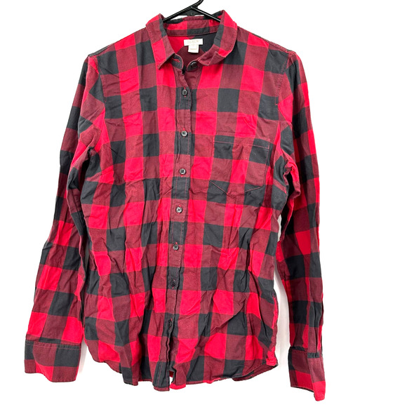 J. Crew size medium‎ red gray plaid flannel button up long sleeve shirt blouse - Picture 1 of 4